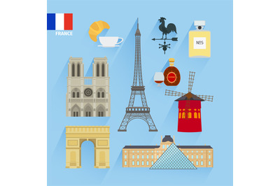 France flag and Paris landmarks