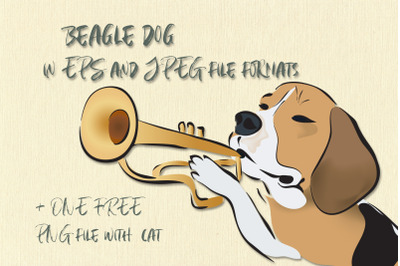 Illustration of a Beagle Dog, playing on a trumpet. Cat with hat