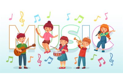 Kids playing music. Children musical instruments, baby band musicians