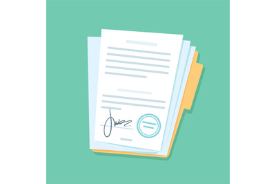 Signed paper documents. Manual signature on important office papers, s