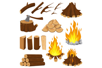 Firewood boards. Fireplace fire wood, burning wooden stack and blazing