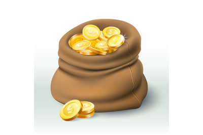 Gold coins bag. Golden coin wealth, big cash sack and money bonus 3D r