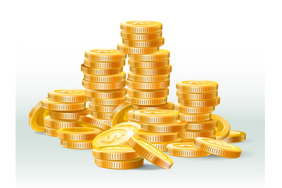 Golden coins pile. Gold coin dollar, money stack and gold cash heap re