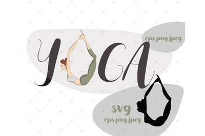 Woman practicing yoga/exercise. Set of full color and black silhouette