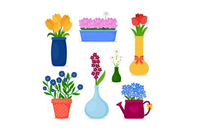 Spring flowers in pots and vase set