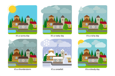 Different weather in the town illustrations