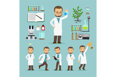 Scientist with laboratory equipment icons