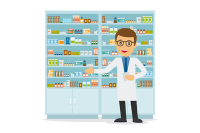 Male pharmacist on medicine background