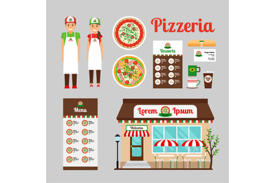 Pizza Cafe front design icons set