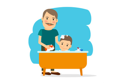 Father and son taking bath