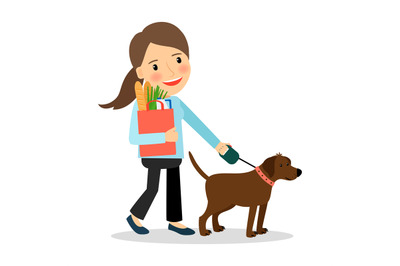 Woman with dog and bag of food