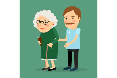 Volunteer man caring for elderly woman