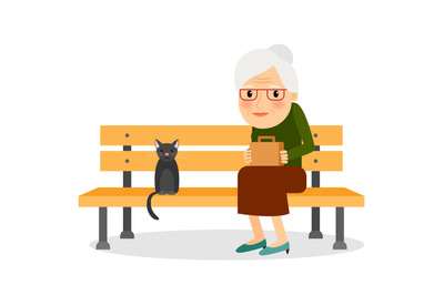 Elderly woman and cat sitting on park bench