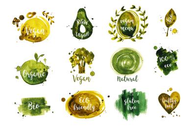 Watercolor vegan badges and logos