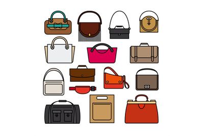 Bag colored icons. Bags and handbags vector icons