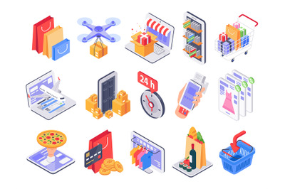 Isometric shopping. Online shop, market delivery and store sales. Inte