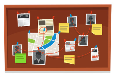 Detective board. Crime evidence connections chart, pinned newspaper an