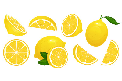Lemon slices. Fresh citrus, half sliced lemons and chopped lemon isola