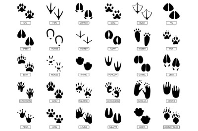 Animals footprints. Animal feet silhouette, frog footprint and pets fo