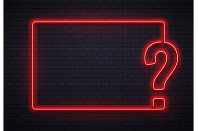 Neon question mark frame. Quiz lighting, interrogation point red neon