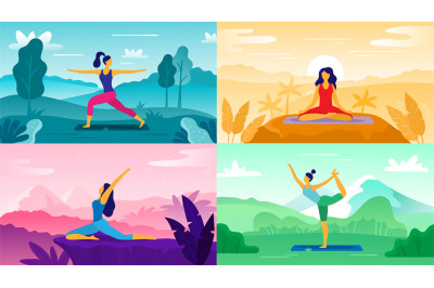 Yoga exercise on nature. Relax outdoors exercises, healthcare fitness