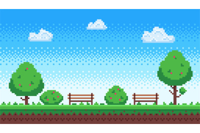 Pixel park. Retro 8 bit game blue sky&2C; pixels trees and parks bench ve