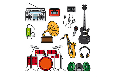 Music and musical instruments line icons