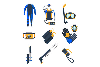 Diving equipment icons in flat style.