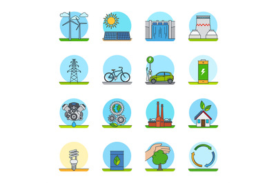 Green energy color line icons