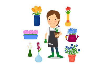 Happy woman gardening icons