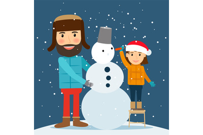 Happy winter time. Snowman, dad and daughter