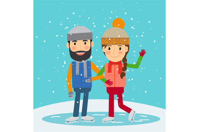 Happy winter time. Young couple skates