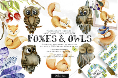 Foxes &amp; Owls. Watercolor clipart.
