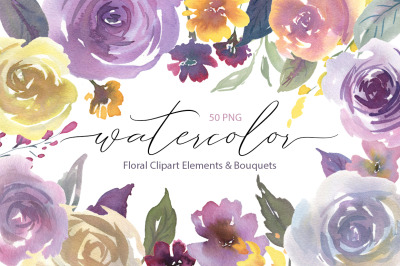 Watercolor Light Violet Flowers and Bouquets PNG