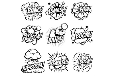 Cartoon explode icons. Comic book explosion bubbles. Pop art big bang