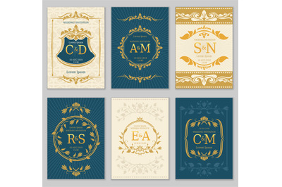 Luxury vintage wedding invitation vector cards with logo monograms and