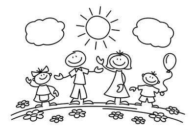 Hand drawn stick figure happy family. Vector illustration