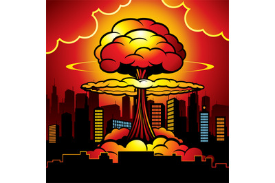 Burning city with nuclear explosion of atomic bomb. Cartoon vector ill