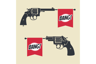 Shooting toy gun pistol with bang flag vector icon