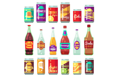 Beverage soft and energy drinks vector flat icons. Drink bottle and ca