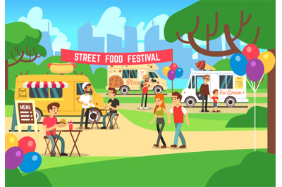 Cartoon street food festival with people and trucks vector background