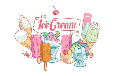 Vintage sketch fruit ice cream vector summertime poster