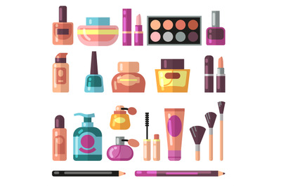 Girl accessories, beauty and makeup flat vector icons. Cosmetics and p