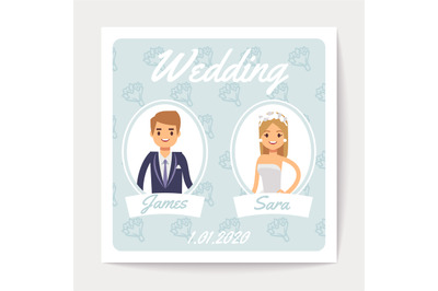 Wedding invitation vector card with happy married couple - cartoon bri