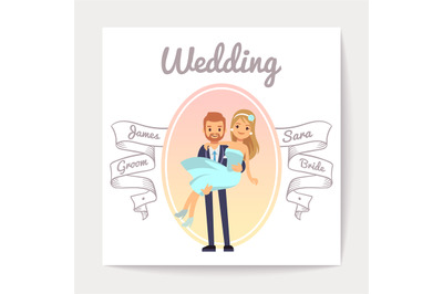 Vintage wedding invitation card vector template with happy couple