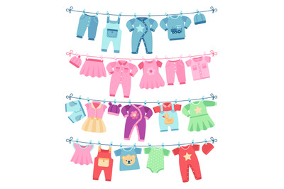 Baby clothes drying on clothesline vector illustration