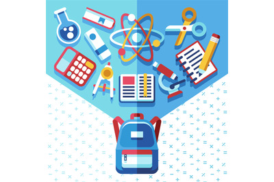 Education concept with backpack and supplies. Back to school vector ba