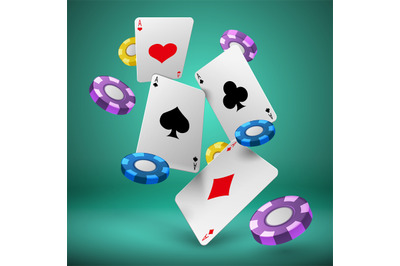 Falling playing cards and poker chips gambling background. Casino succ