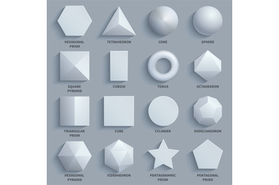 Top view realistic white math basic 3d shapes vector set. Three dimens