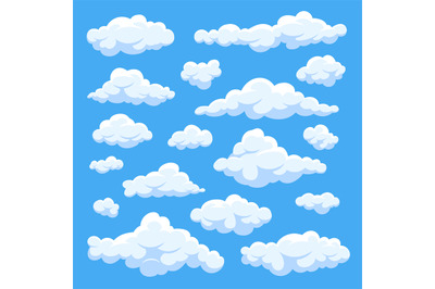 Fluffy white cartoon clouds in blue sky vector set. Cloudy day heaven